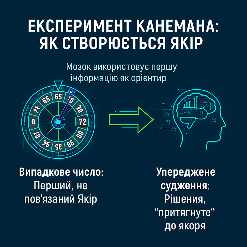 Інфографіка: експеримент Канемана про якірний ефект. Колесо фортуни (випадковий якір) впливає на рішення (мозок).