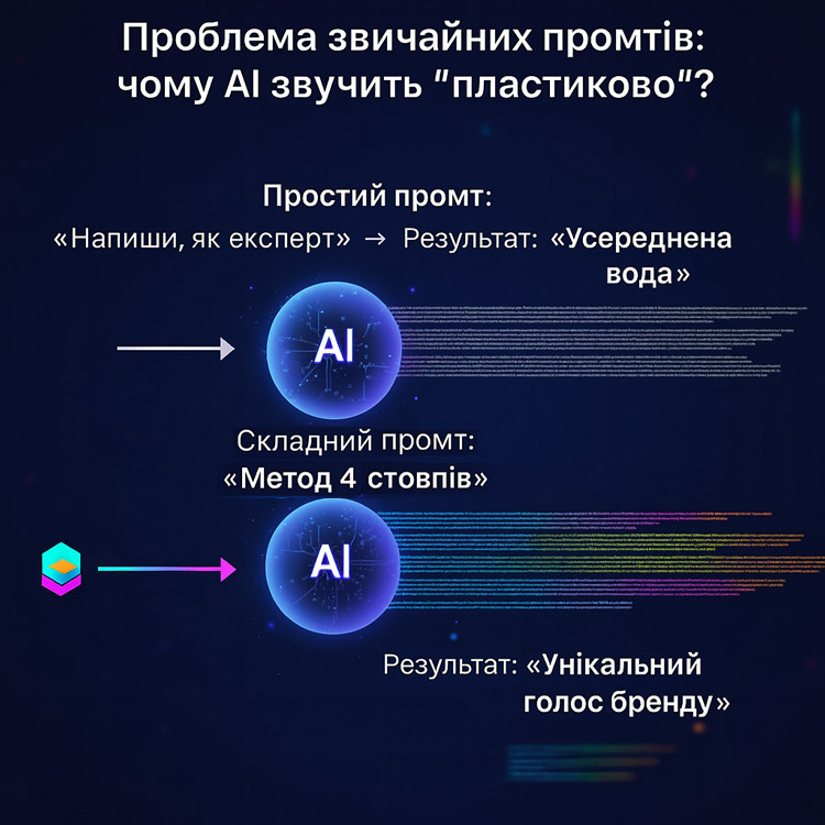 Інфографіка: як якість промту для ChatGPT впливає на результат. Простий промт дає «пластиковий» текст, а детальний промт (4 стовпи) – «голос бренду».