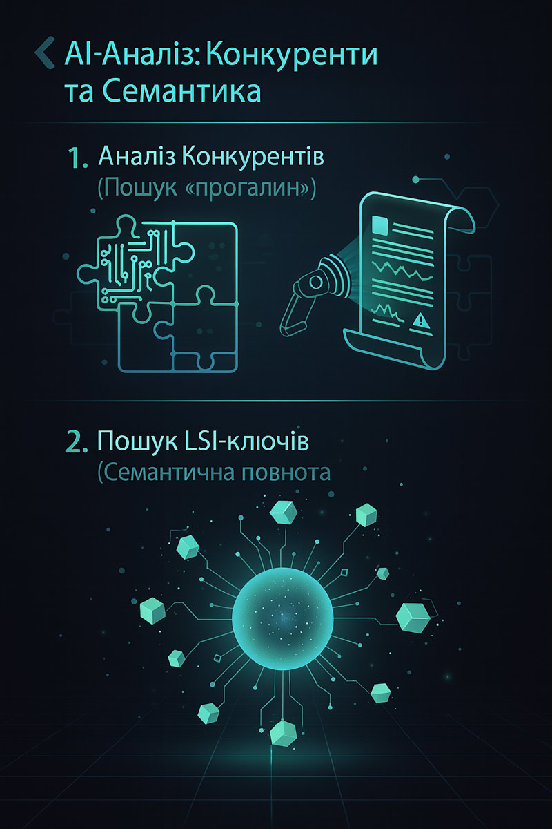 Інфографіка: як AI для SEO допомагає аналізувати конкурентів (пошук прогалин) та знаходити LSI-ключі (семантична повнота).