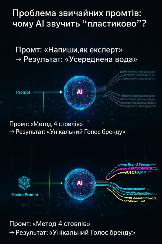 Інфографіка: як якість промту для ChatGPT впливає на результат. Простий промт дає "пластиковий" текст, а детальний промт (4 стовпи) – "голос бренду".