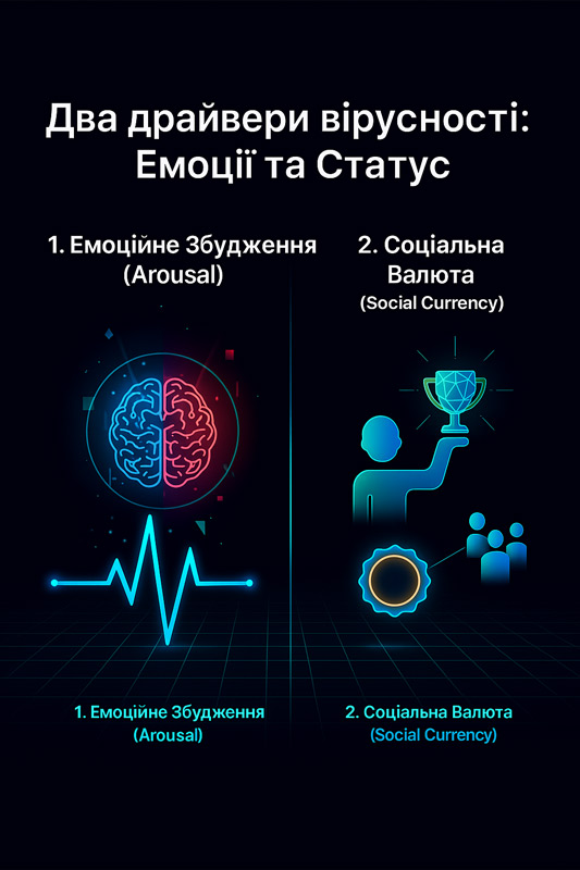 Інфографіка: два драйвери вірусного контенту - емоційне збудження (Arousal) та соціальна валюта (статус).