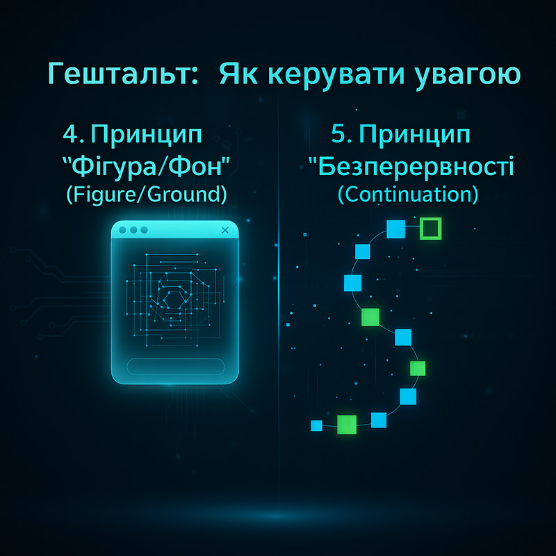 Гештальт-принципи в дизайні: інфографіка, що демонструє принцип фігура/фон (виділення об'єкта) та принцип безперервності (напрямок погляду).