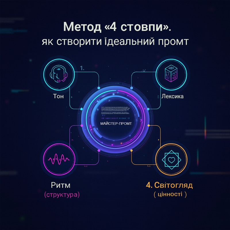Інфографіка: Метод 4 Стовпів для створення промту ChatGPT – Тон, Лексика, Ритм та Світогляд.