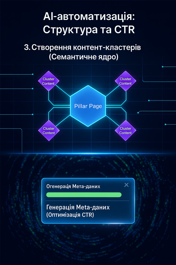 Інфографіка: як AI для SEO допомагає створювати контент-кластери (семантичне ядро) та генерувати meta title/description для CTR.