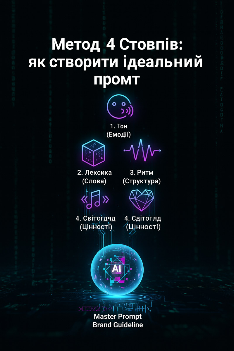нфографіка: Метод 4 Стовпів для створення промту ChatGPT – Тон, Лексика, Ритм та Світогляд.