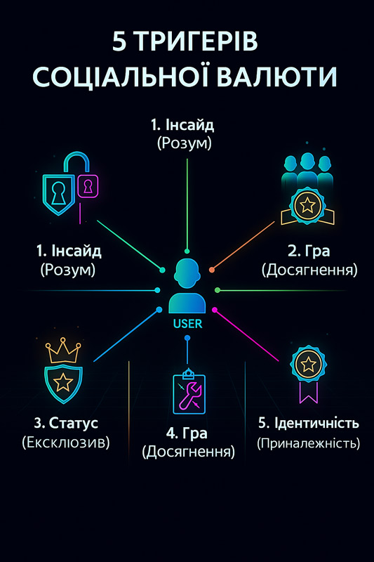 Інфографіка 5 тригерів соціальної валюти в SMM: інсайд, статус, гейміфікація, практична користь та ідентичність.