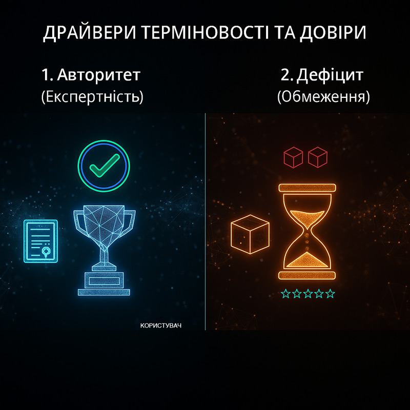 Принципи Чалдіні в SMM: інфографіка, що ілюструє принцип авторитету (експертність) та принцип дефіциту (обмеженість пропозиції).