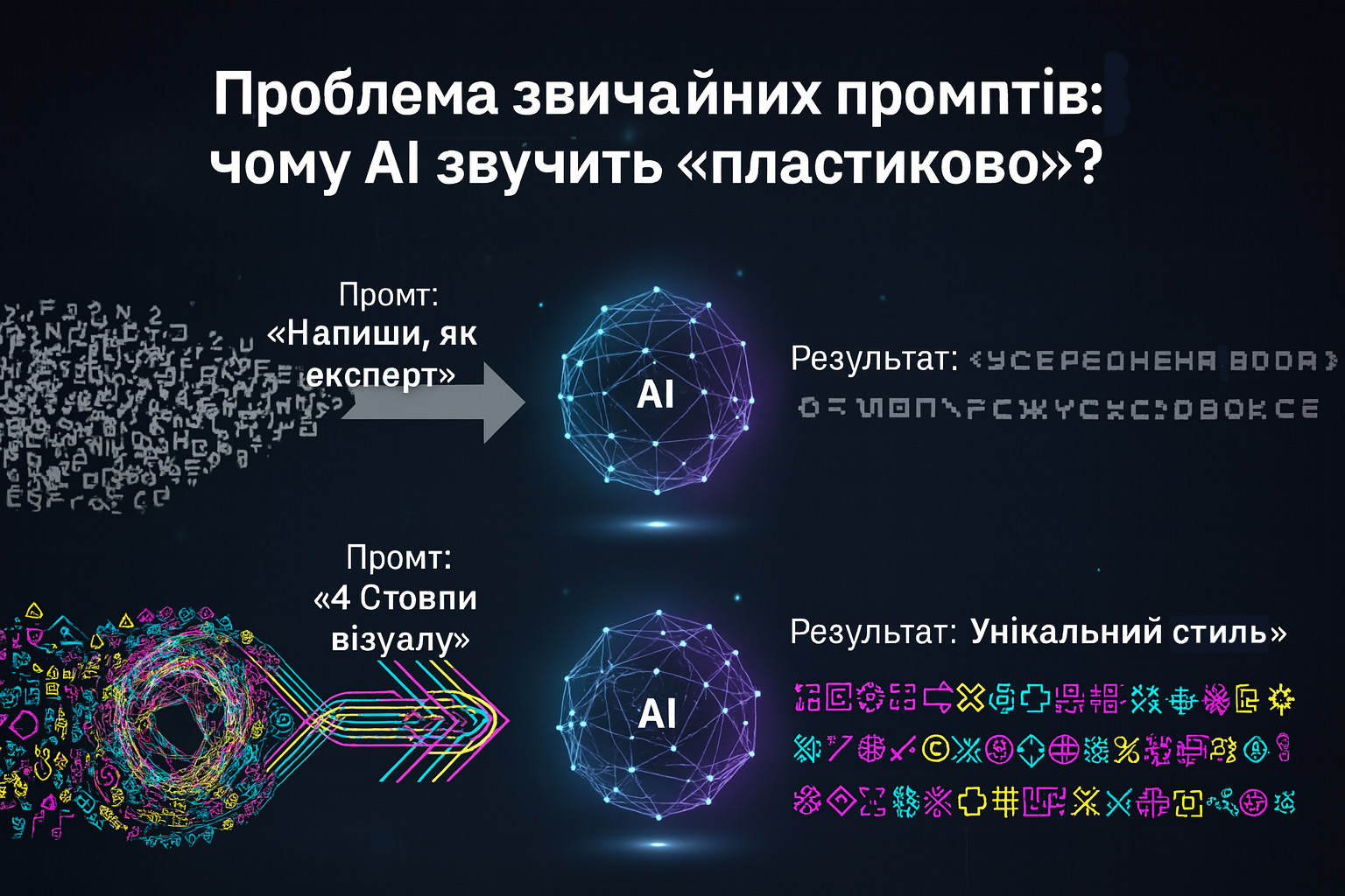 Інфографіка: як якість промту для ChatGPT впливає на результат. Порівняння: 'пластиковий' текст vs. унікальний стиль.