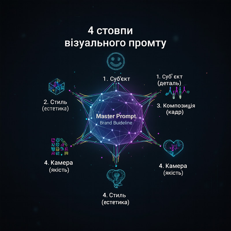 Метод 4 Стовпів для AI-Арту: Суб'єкт, Стиль, Композиція, Камера.