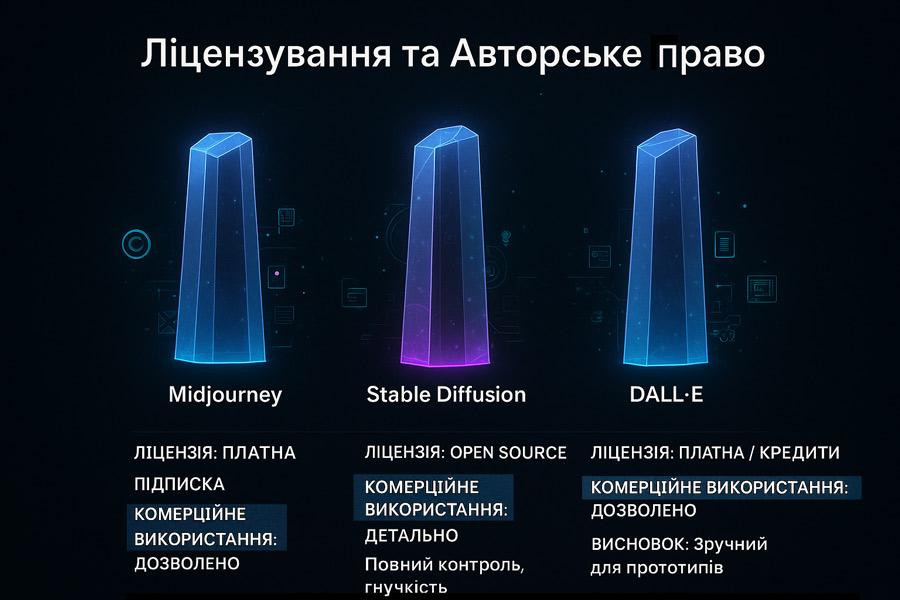 Інфографіка: порівняння ліцензій Midjourney, Stable Diffusion та DALL-E.