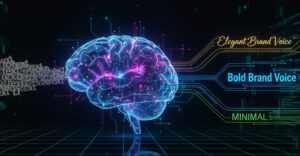AI-копірайтинг та голос бренду: візуалізація, як AI (мозок) генерує унікальні стилі тексту замість хаотичного "пластикового" контенту.