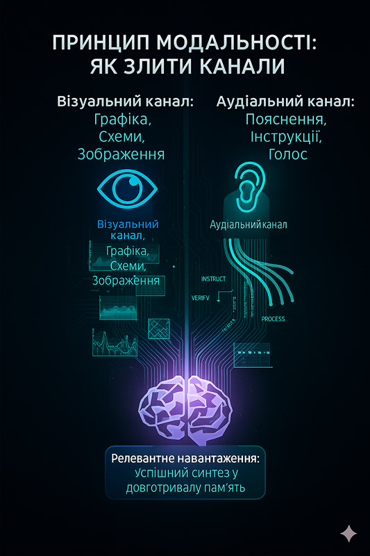 Принцип модальності: як поєднання візуального й аудіального каналів підвищує ефективність навчання. Інфографіка показує, як синтез інформації з обох каналів покращує запам’ятовування.