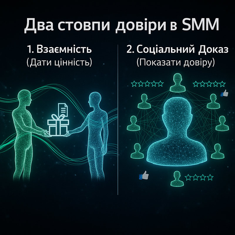 Принципи Чалдіні в SMM: інфографіка, що порівнює принцип взаємності (лід-магніт) та принцип соціального доказу