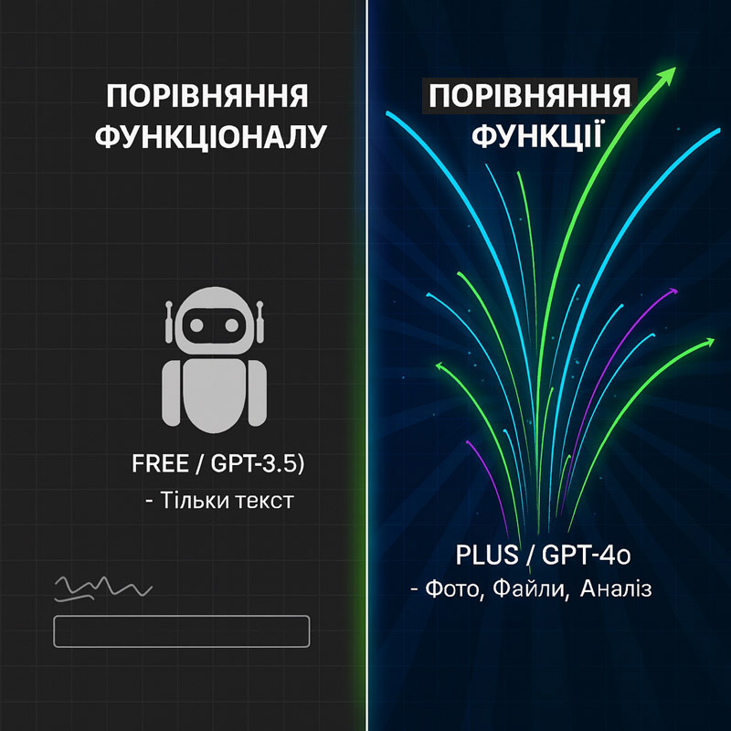 Візуальне порівняння функцій ChatGPT Plus (GPT-4o) та безкоштовної версії (GPT-3.5): доступ до інтернету, аналіз файлів.